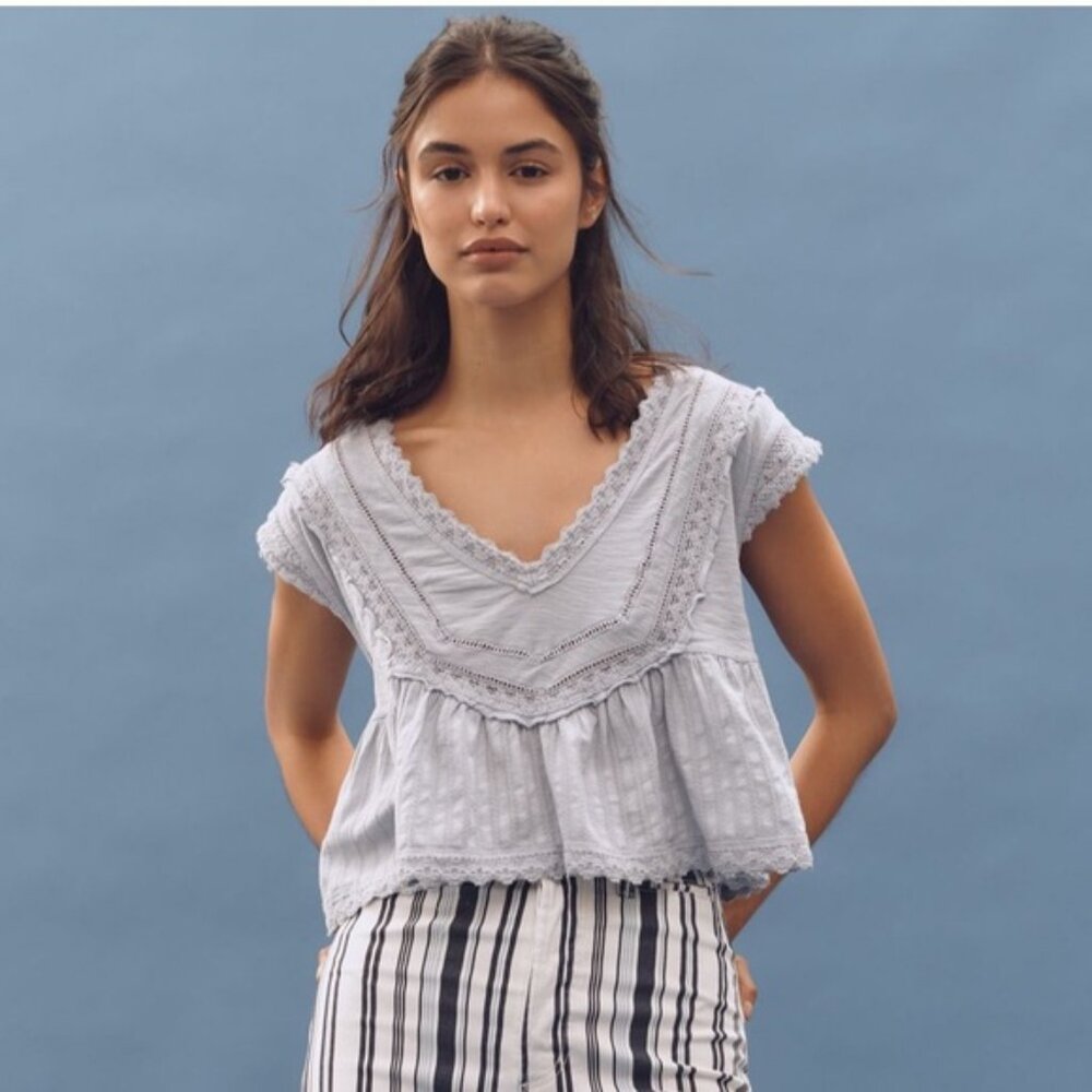 Anthropologie Pilcro Light Blue Lace Trim Top